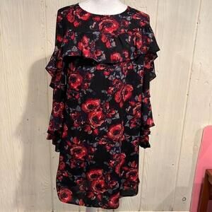 Halogen Black & Red Sheath Dress Bodice ruffle and ruffle sleeves size XS
